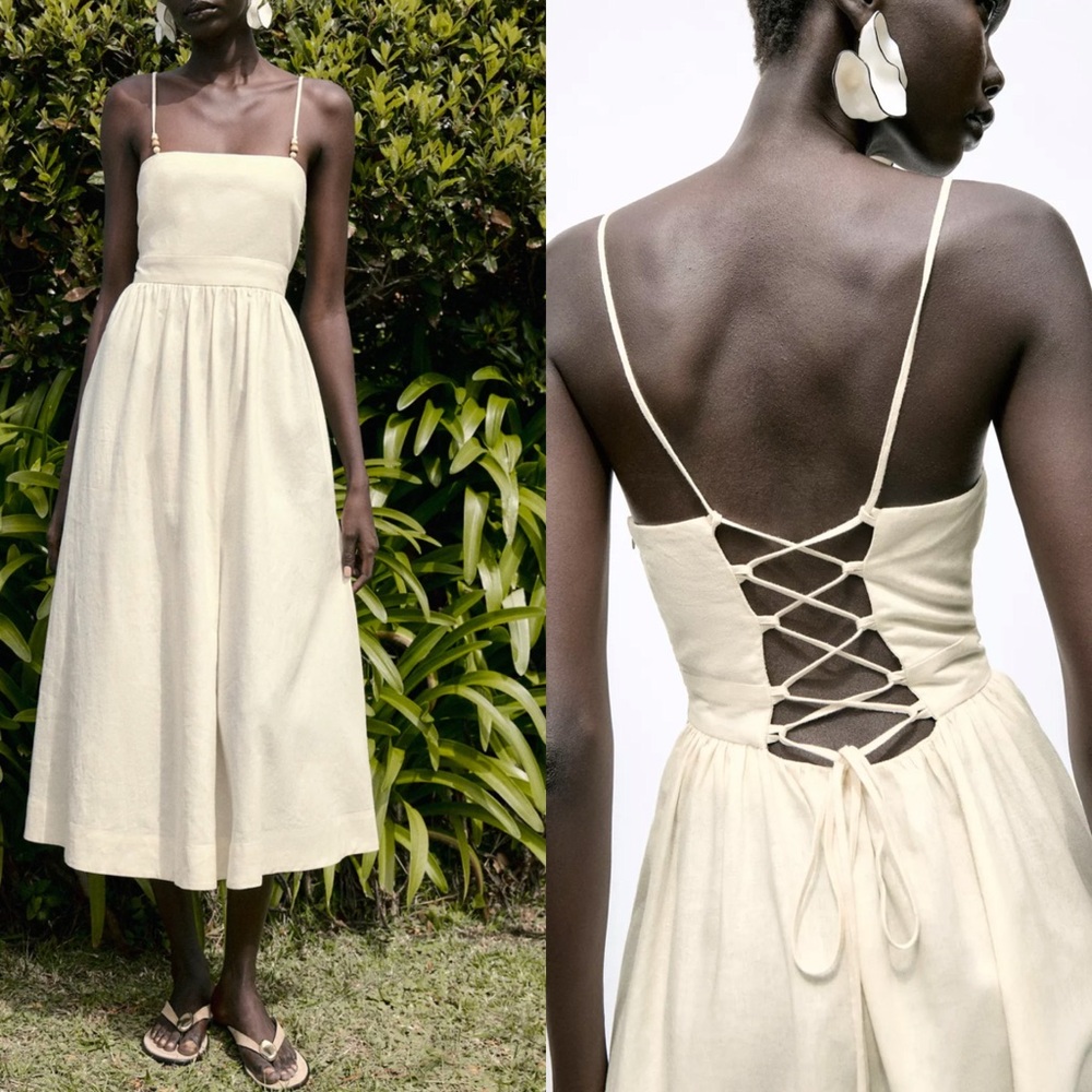 NWT ZARA BEADED STRAPPY LINEN BLEND MIDI DRESS
